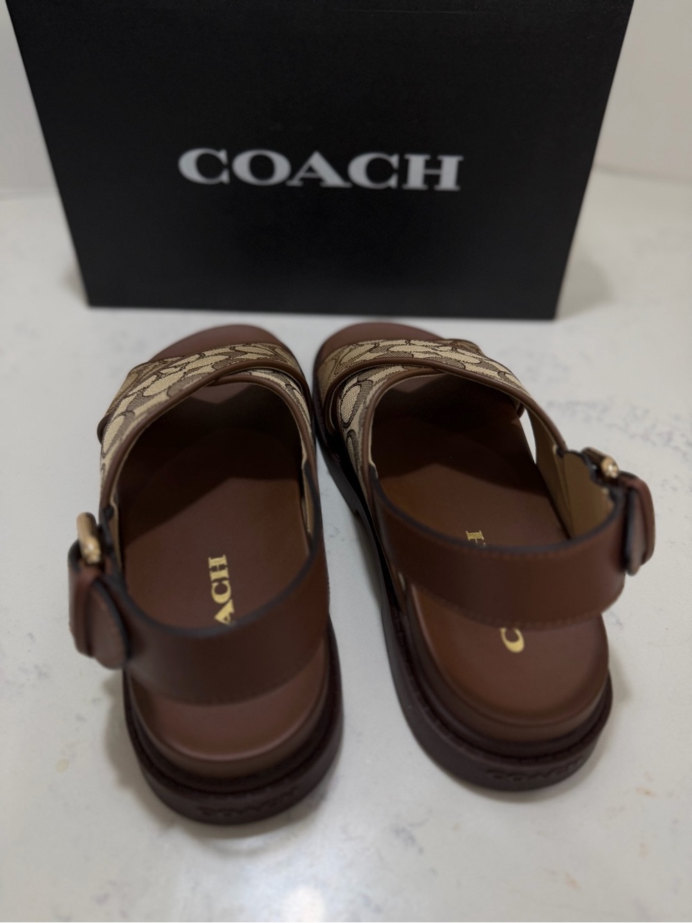 Coach Khaki Signature Canvas & Brown Leather Cross-Strap Sandals - Picture 10 of 14